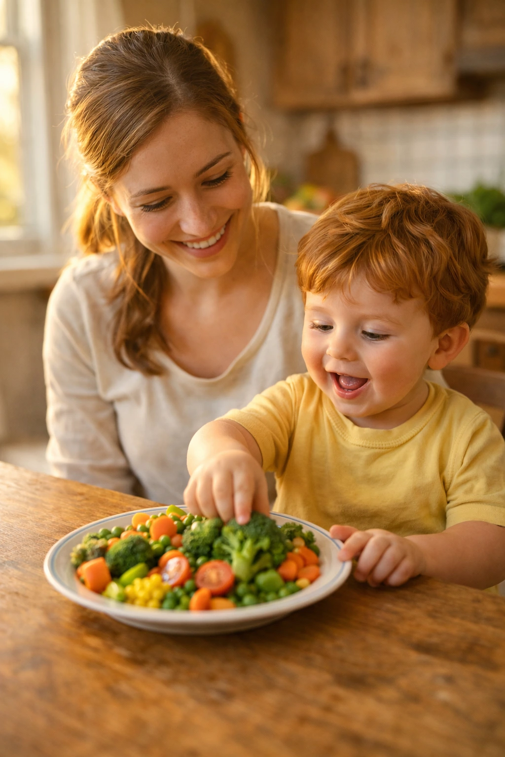 Mom smiling as child happily eats vegetables